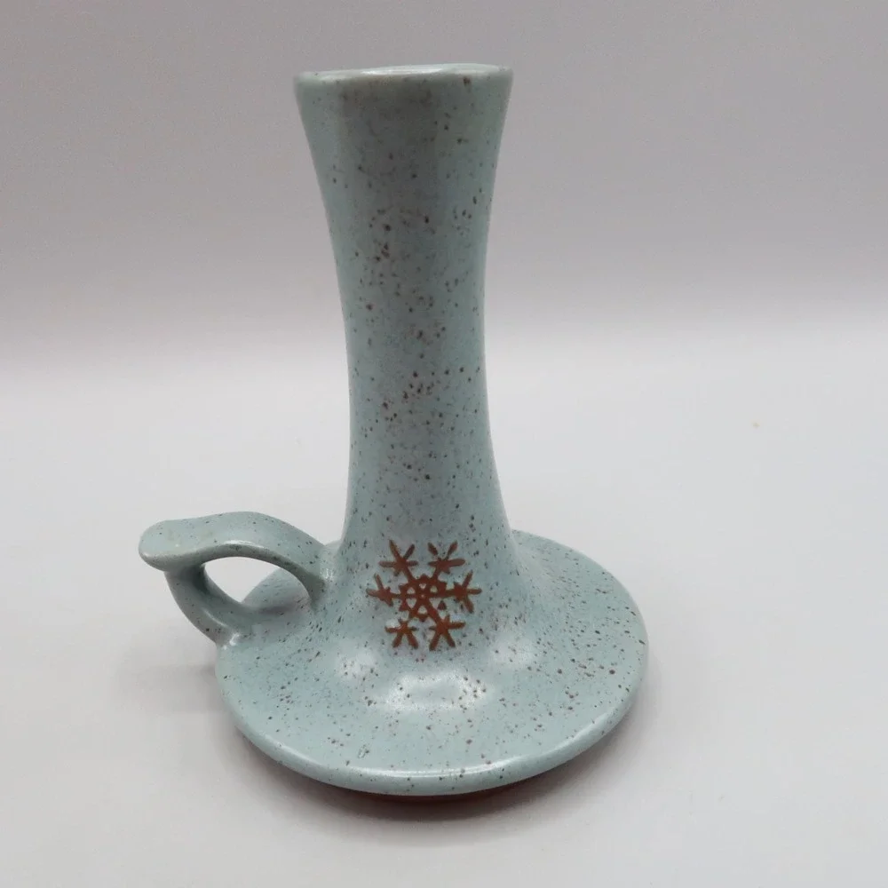 Goss Blue‎ Winter Snowflake Speckled Stoneware Candlestick Vermont USA 5